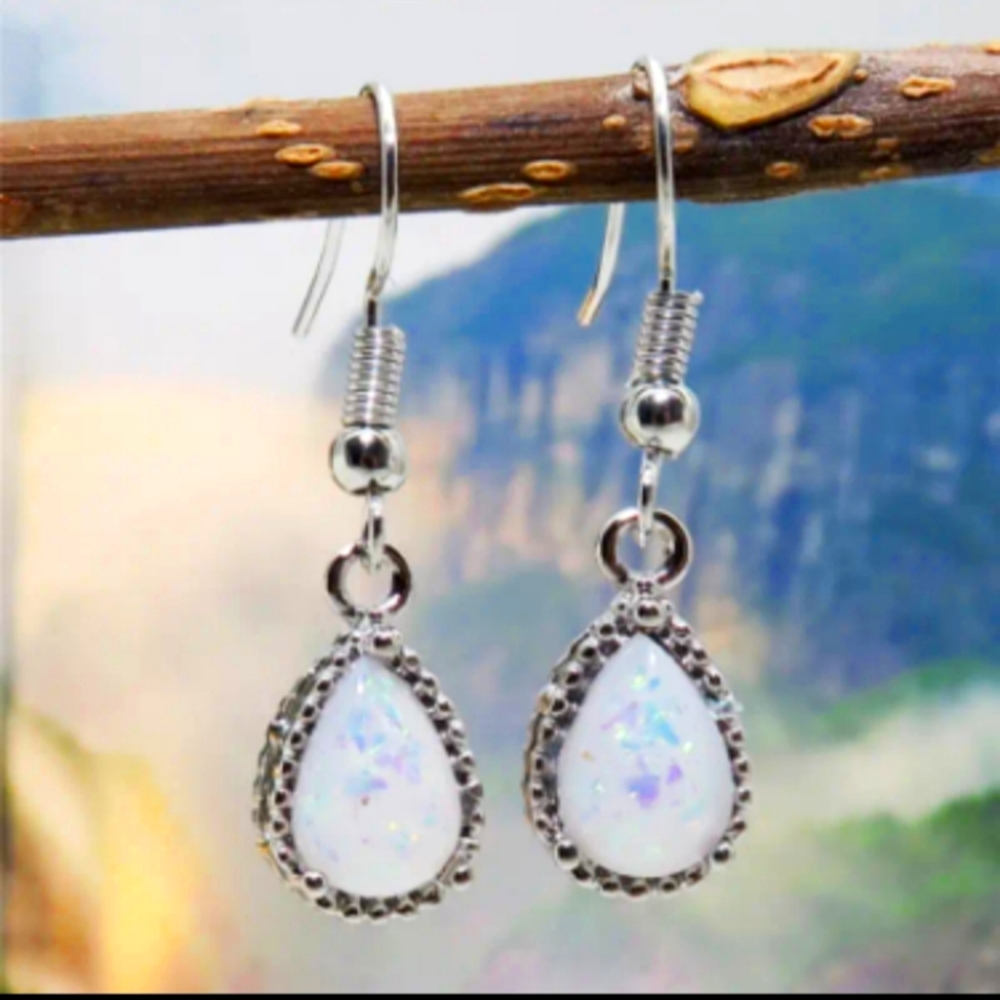 925 Sterling Silver Natural Teardrop Shape Opal Earrings Fine Jewelry For Women.